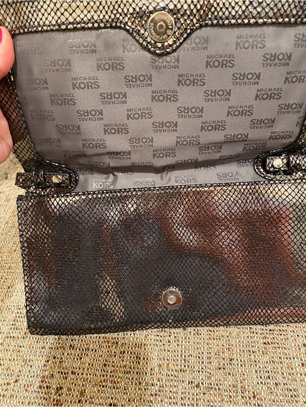 Vintage Brand New MK Black Metallic Snakeskin-Effect Clutch with Silver Buckle - Picture 14 of 16